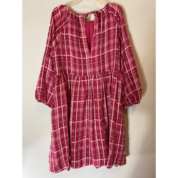 Madewell Baby Doll Dress Plaid Pink/White Puff Sleeve Keyhole Back Small - Picture 3 of 13